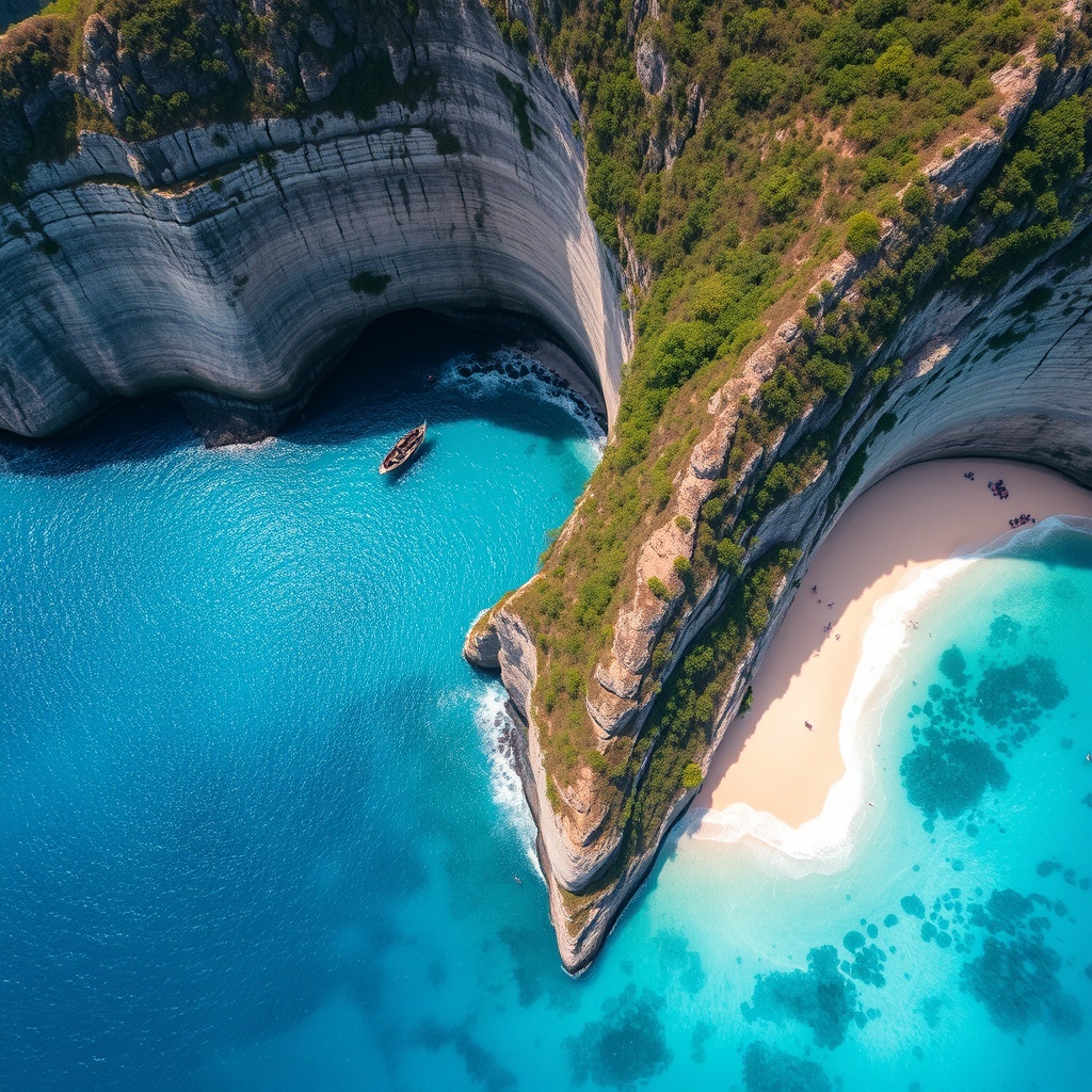 Aerial view of Kelingking Beach cliffs on Nusa Penida, Bali