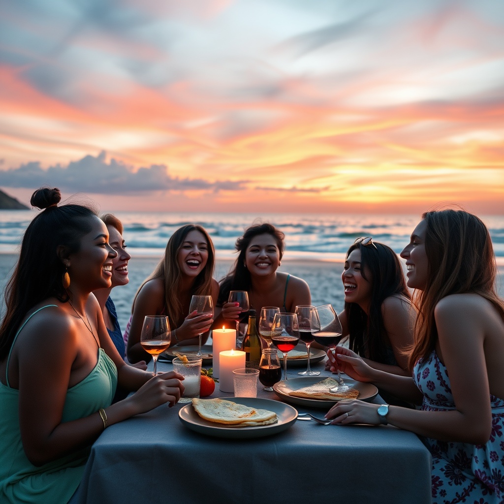 A group of diverse young friends laughing and sharing a sunset dinner at a beach table in Bali, embodying the emotional joy of shared travel experiences.