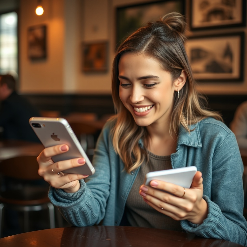 A supportive friend smiling while using their phone to fund a specific experience on a travel registry in a cozy cafe.