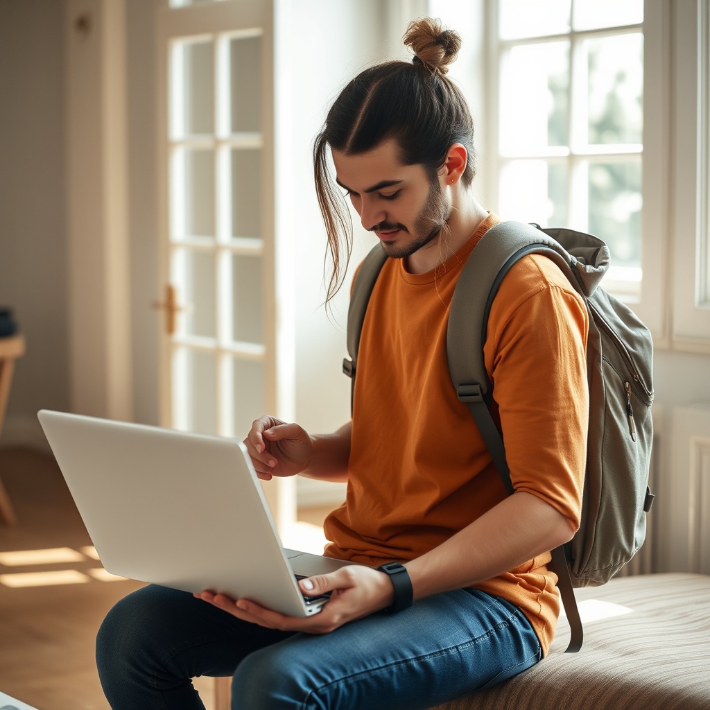 A traveler thoughtfully packing a backpack and setting up their ShoutMe travel registry on a laptop in a bright, airy room.